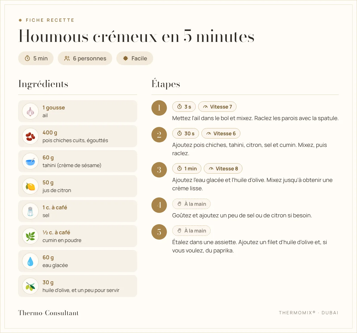 Fiche recette : Houmous crémeux en 5 minutes