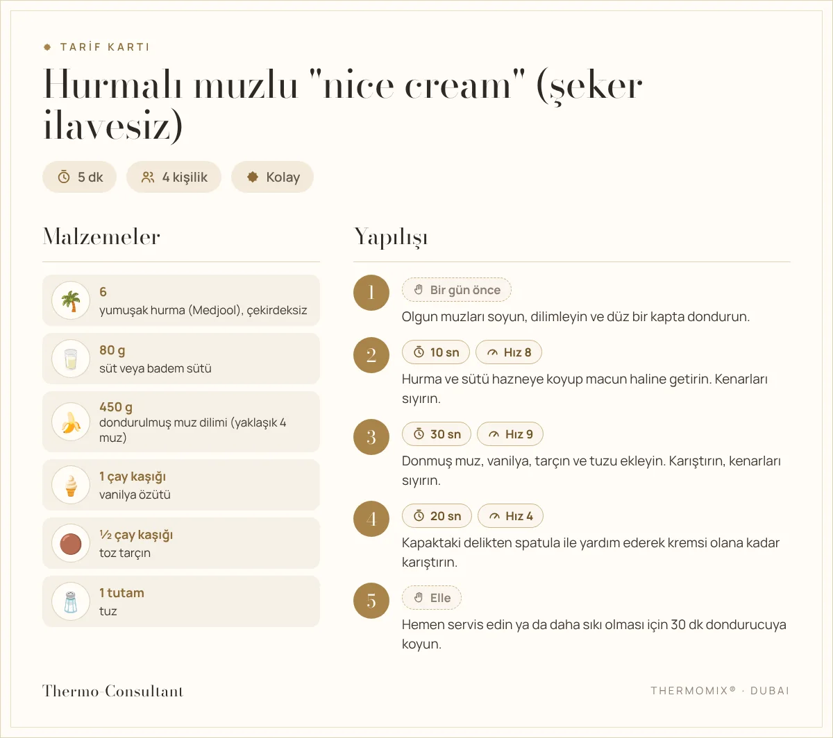 Tarif kartı : Hurmalı muzlu "nice cream" (şeker ilavesiz)